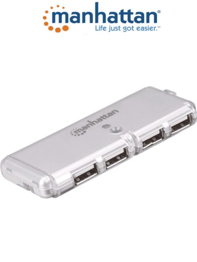 MANHATTAN 160599 - Hub USB de 4 Puertos de Alta Velocidad/ Provee Energía/ Cable USB Integrado/ Protección Contra Sobrecarga de Corriente (hot-swappable)/ LED Indicador de Alimentación/