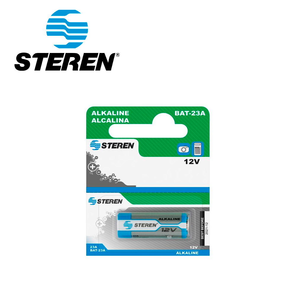 BATERÍA ALCALINA STEREN BAT-23A TIPO CILINDRO 12 VOLTS 55MAH -COMPATIBLE CON MAGNETO DUOSMART Y OTROS DISPOSITIVOS SIMILARES