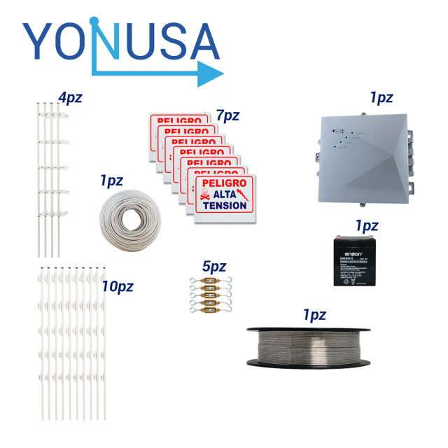 KIT DE CERCA ELECTRIFICADA CON ACCESORIOS PARA 50METROS INCLUYE:
ENERGIZADOR, BATERIA  ENS-BT412 CABLE, ALAMBRE, POSTES, LETREROS Y TENSORES