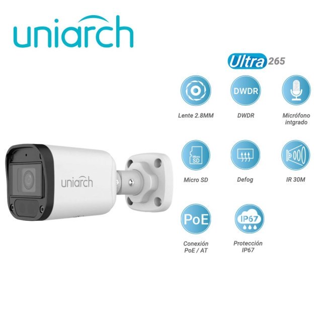 CAMARA IP BULLET UNIARCH IPC-B122-APF28K / 2MP / LENTE-2.8MM / DWDR / IR30M / MICROSD128GB / MICROFONO-INTEGRADO / DIGITAL-DEFOG / MOTION-DETECTION / ONVIF / IP67 / 3-AXIS / ULTRA265 / POE-AF / 12 VCD