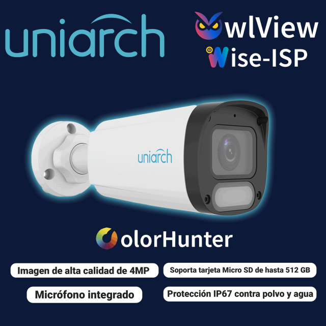 CAMARA IP BULLET OWLVIEW UNIARCH IPC-B244-ADF28K-WP / 4MP / LENTE 2.8MM / WDR120DB / LUZ-BLANCA+LUZ-CALIDA30M / MICROSD512GB / MICROFONO-INTEGRADO / ULTRA-MOTION-DETECTION / POE-AF / ONVIF / 3-AXIS / IP67 / METAL+PLASTICO / ULTRA265 / NDAA / SERIE HALO / MODOCORREDOR