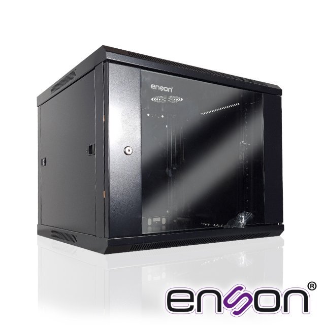 GABINETE DE PARED ENSON ENS-RKGB9U 9UR PUERTA FRONTAL DE CRISTAL TEMPLADO CON CERRADURA DE SEGURIDAD RANURAS DE VENTILACION EN LA PARTE SUPERIOR PARA 2 VENTILADORES DE 11 CM 600X600X501MM
