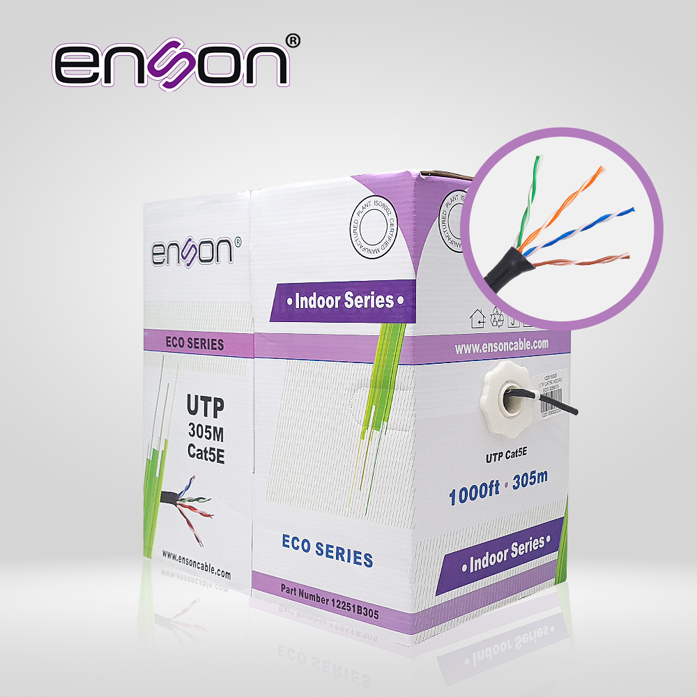 CABLE UTP CAT5E ENSON 12251B305 SERIE ECO CALIBE 24 AWG CCA BOBINA DE 305 METROS FORRO PVC COLOR NEGRO USO INTERIOR RECOMENDADO PARA TRANSMISION DE DATOS BASE 10,100
