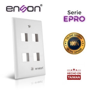 PLACA DE PARED (FACEPLATE) ENSON EPRO-FP40 COMPATIBLE CON JACK KEYSTONE 4 PUERTOS COLOR BLANCO, USO EN INTERIOR, IDEAL PARA CONECTORES RJ45, COAXIAL, FIBRA OPTICA, FABRICADO EN PLASTICO ABS
