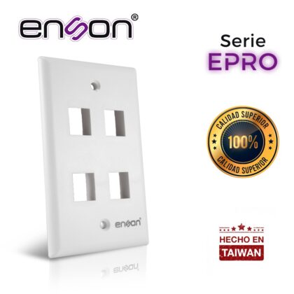 PLACA DE PARED (FACEPLATE) ENSON EPRO-FP40 COMPATIBLE CON JACK KEYSTONE 4 PUERTOS COLOR BLANCO, USO EN INTERIOR, IDEAL PARA CONECTORES RJ45, COAXIAL, FIBRA OPTICA, FABRICADO EN PLASTICO ABS