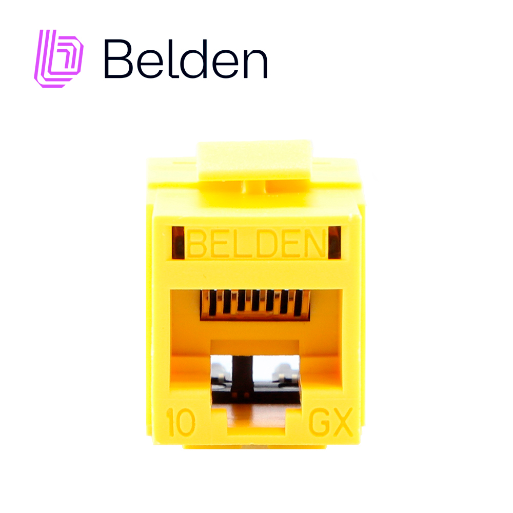 CONECTOR MODULAR JACK RJ45 CAT6A REVCONNECT BELDEN RVAMJKUYL-S1 ESTILO KEYCONNECT AMARILLO COMPATIBLE CON FACEPLATE AX102660,AX102655,AX102249 ESQUEMA DE CABLEADO T568A/B HERRAMIENTA COMPATIBLE RVUTT01 USO INTERIOR CALIBRE DEL CONDUCTOR 23-24 AWG