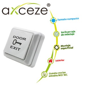 BOTON LIBERADOR AXCEZE AX-B30 TIPO PUSH FABRICADO EN PLASTICO INCLUYE BASE  MEDIDAS 69 X 69MM  CONEXION A 2 HILOS CUENTA CON EL ESTADO N.O.