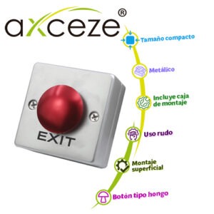 BOTON LIBERADOR AXCEZE   AX-B55   BOTON TIPO PUSH CON FORMA DE HONGO EN COLOR ROJO INCLUYE BASE METALICA  FABRICADO EN  ALEACION DE ZINC  MEDIDAS 53 X 53 X 38MM  CONEXION A 2 HILOS  CUENTA CON LOS ESTADOS N.O.  Y  N.C.