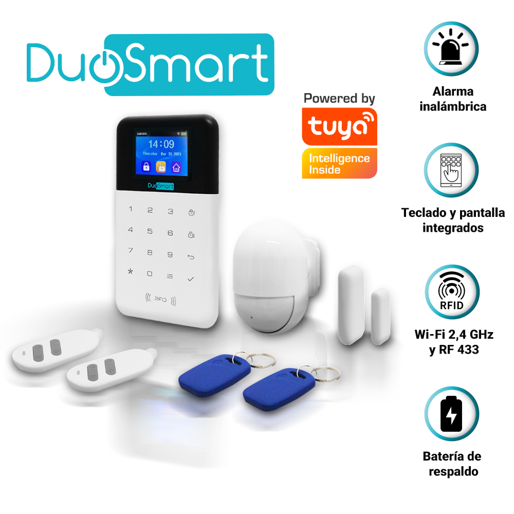 KIT ALARMA INALAMBRICA DUOSMART C30 COMUNICACION DUAL WIFI 2.4 GHZ RF 433.92 INCLUYE 1 PANEL CON TECLADO 1 PIR 1 MAGNETO 2 LLAVEROS MONITOREO EN APP DUOSMART **COMPATIBLE CON SENSORES DUOSMART C Y SIRENA INALAMBRICA**