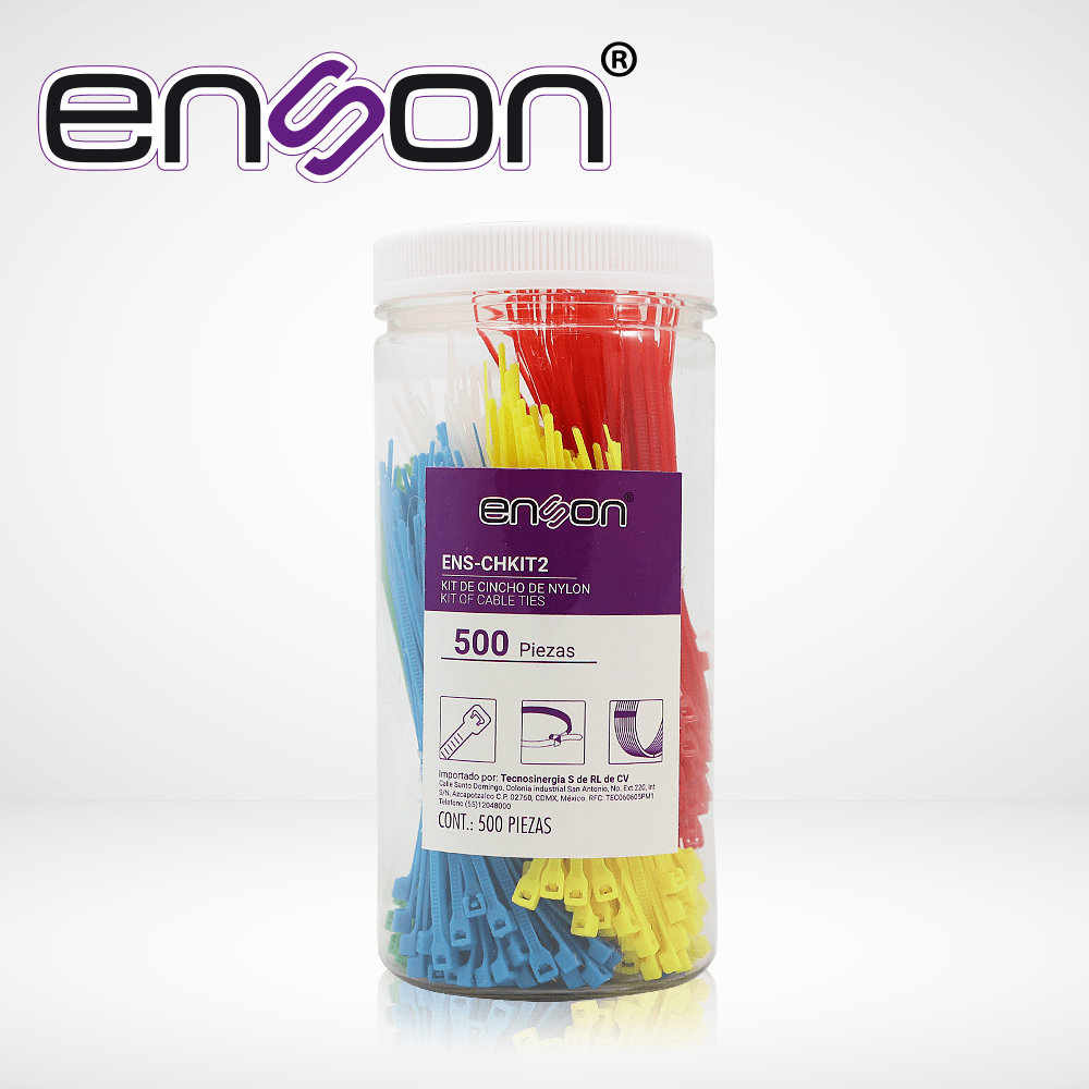 KIT DE CINCHOS DE NYLON ENS-CHKIT2 DE 500 PIEZAS EN 5 COLORES DE 100MM, USO SUGERIDO DE PINAZA TENSORA ENS-TGUN