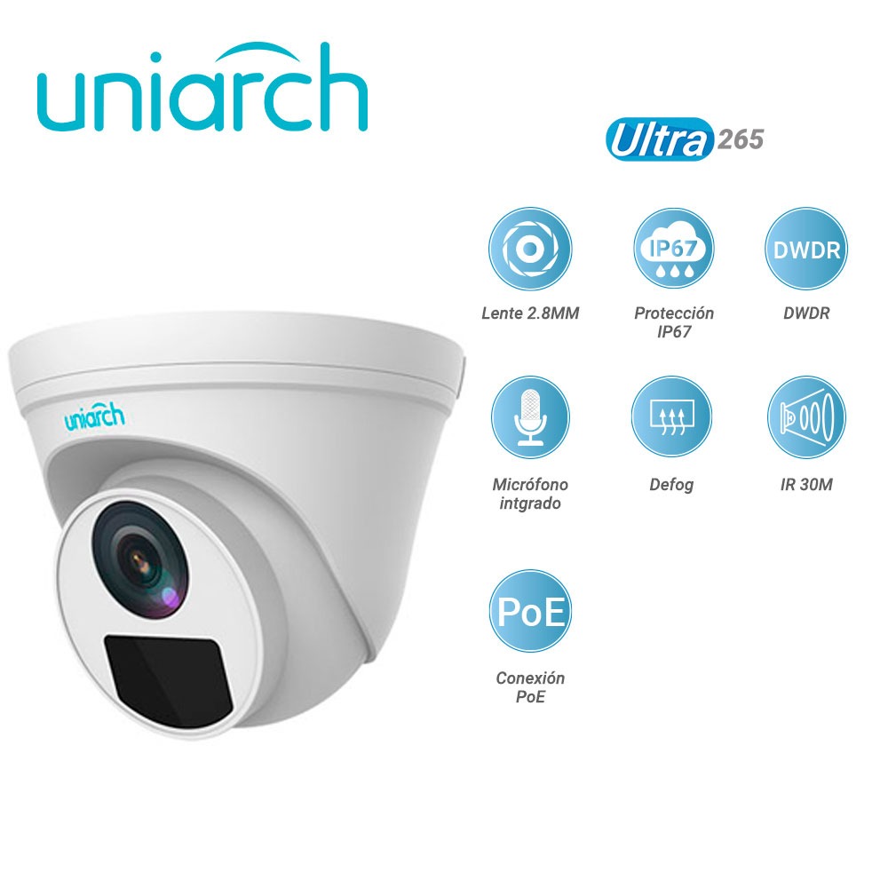 CAMARA IP DOMO UNIARCH TURRET IPC-T125-APF28 / 5MP / ULTRA265 / LENTE 2.8 MM / IP67 / DWDR / MICROFONO INTEGRADO / DIGITAL DEFOG / IR 30M / POE Y 12VCD