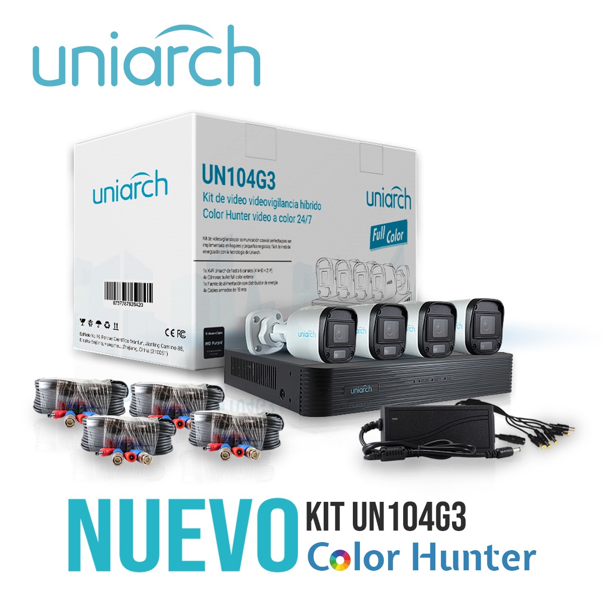 KIT BULLET UNIARCH UN104G3 / 4CAMARAS-BULLET-2MP / EXTERIORES / LENTE 2.8 MM /1XVR / 1080P / COLORHUNTER / COLOR-24/7 / 4CABLES-PREPONCHADOS-18M0 / 1DISTRIBUIDOR-ENERGIA-4SALIDAS / FUENTE-12VDC