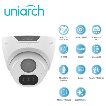 CAMARA ANALOGICA LIGHTHUNTER TURRET UNIARCH UAC-T122-AF28LM / UAC-T122-AF28LM-H / 2MP / AHD/TVI/CVI/CVBS / LENTE FIJO 2.8 MM / 12 VCD / IP67 / IR 20M / DWDR / MENU OSD / MICROFONO INTEGRADO / DEFOG / 3 AXIS / INTERIOR / EXTERIOR / METAL PLASTICA