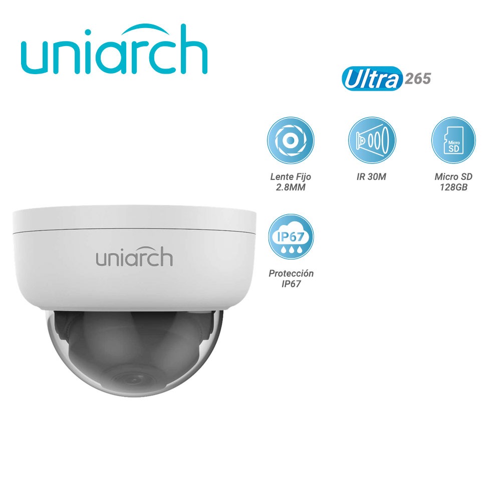 CAMARA IP DOMO UNIARCH IPC-D122-PF28K / 2MP / ULTRA265 / LENTE FIJO 2.8 MM / IR 30M / RANURA PARA MICRO SD HASTA 128 GB / IP67