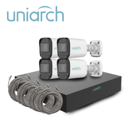 KIT UNIARCH IP BULLET 2MP / 4 CÁMARAS TIPO BULLET IPC-B122-APF28K CON LENTE FIJO 2.8 MM / MIC-INTEGRADO / MICROSD-128GB / ULTRA265 / DWDR / DIGITAL-DEFOG / MOTION-DETECTION / ONVIF / 3-AXIS / IR 30M / IP67 / POE-AF / 1NVR-104S3-P4- ECO Y 4-CABLES-PREARMADOS-CAT6