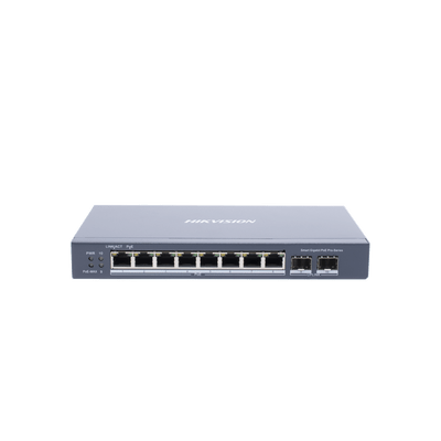 Switch Gigabit PoE+ / Administrable / 8 Puertos Gigabit PoE+ / 2 Puertos SFP / Configuración Nube Hik-Partner Pro / Modo Extendido hasta 300 Metros / 110 W