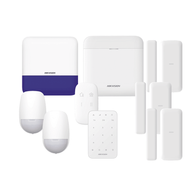 (AX PRO) KIT de Alarma AX PRO / Incluye: 1 Hub con batería de respaldo/ 2 Sensores PIR / 3 Contactos Magnéticos mini / 1 Control Remoto / 1 Sirena Inalambrica Exterior /1 Teclado Inalámbrico / WiFi / Compatible con Hik-Connect P2P