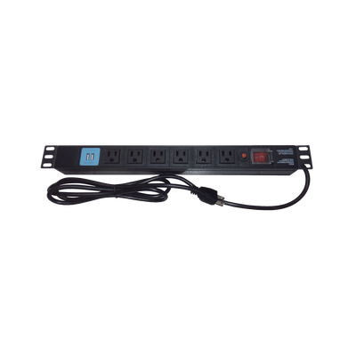Tomacorriente Horizontal (PDU) de 6 contactos (NEMA 5-15R) + 2 USB para instalación en Rack de 19", 1UR, 125 Vca/ 15 A (THE0040091001001)
