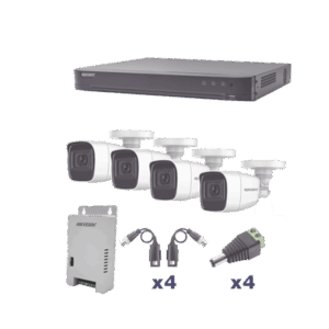 KIT TurboHD 1080p / DVR 4 Canales / 4 Cámaras Bala Policarbonato con Audio Integrado (exterior 2.8 mm) / Transceptores / Conectores / Fuente de Poder Profesional