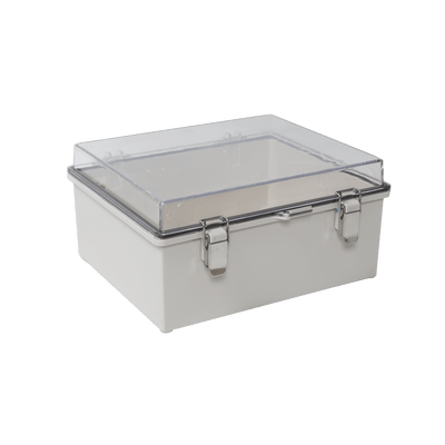 Gabinete Plástico ABS, Puerta Transparente, Uso en Intemperie IP66 (170 x 220 x 110 mm) Cierre por Broches Inoxidables y Permite Cerrado por Candado y Llave (Perno 5mm) No Incluido