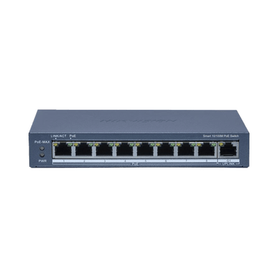 Switch PoE+ / Monitoreable / 8 Puertos 10/100 Mbps PoE+ / 1 Puerto 1000 Mbps Uplink /  Configuración Nube Hik-Partner Pro / Modo Extendido hasta 300 metros / 60 W