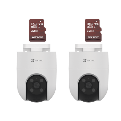 Kit de Camaras WiFi, Incluye 2 Piezas CS-H8C y 2 Piezas HS-TF-E1/32G / Audio de Dos Vías / Detección de Movimiento /  Luz Estroboscópica / Sirena  /  Uso en Exterior con Protección