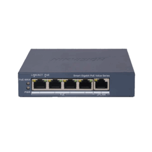 Switch Gigabit PoE+ / Monitoreable / 4 Puertos 1000 Mbps PoE+ / 1 Puerto 1000 Mbps Uplink / Configuración Nube Hik-PartnerPro / Modo Extendido hasta 300 Metros / 45 Watts