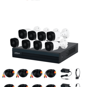 DAHUA KITXVR1B08- I+8-B2A21-  Kit de 8 Canales, DVR Cooper-I WizSense con IA y H.265+, 8 cámaras B2A21 de 1080p metálicas, soporte para hasta 10 canales IP, 4 canales con SMD Plus para detección de humanos y vehículos, y accesorios incluidos.