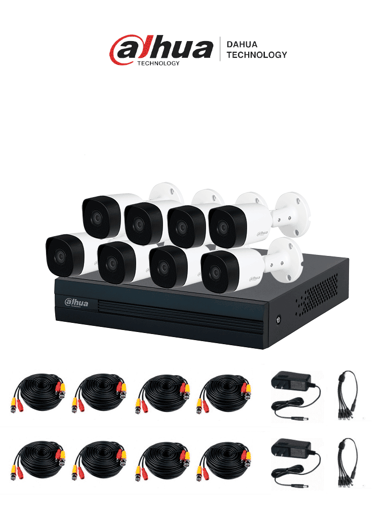 DAHUA KITXVR1B08- I+8-B2A21-  Kit de 8 Canales, DVR Cooper-I WizSense con IA y H.265+, 8 cámaras B2A21 de 1080p metálicas, soporte para hasta 10 canales IP, 4 canales con SMD Plus para detección de humanos y vehículos, y accesorios incluidos.