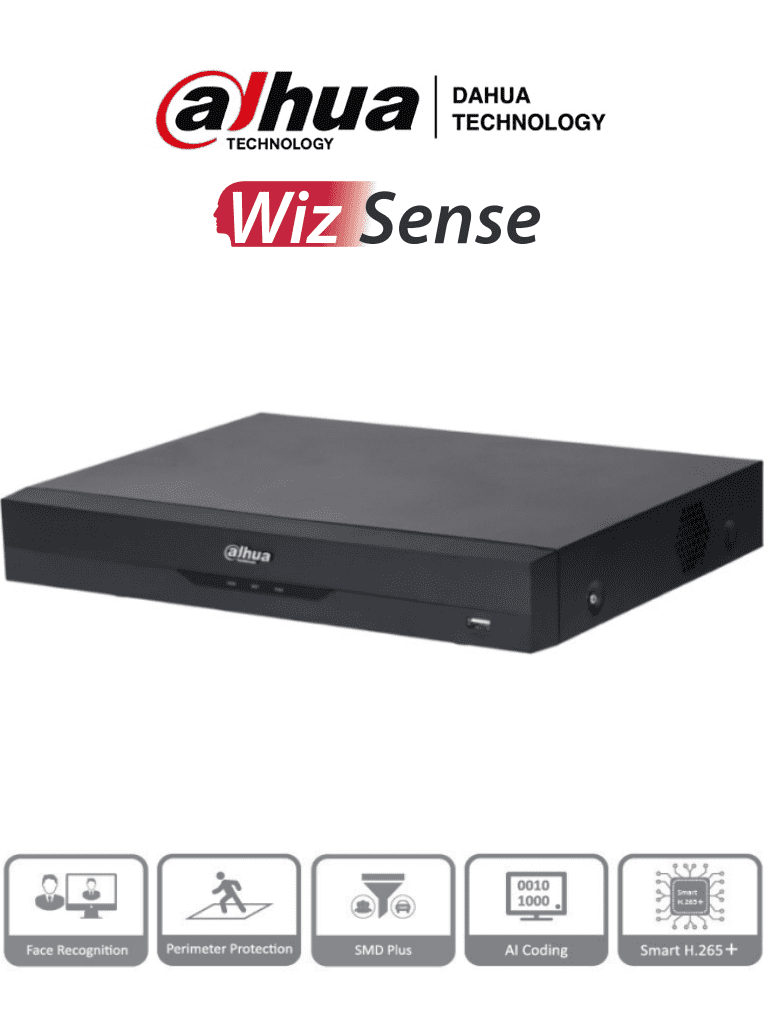 DAHUA XVR5116HE-I3 – DVR de 16 canales 5 MP Lite con WizSense y IA, compresión H.265+, soporta 16 canales HDCVI y hasta 24 canales IP. Incluye 2 canales de reconocimiento facial, 16 entradas de audio, 16&3 E&S de alarma, SMD Plus y funciones IoT&POS.
