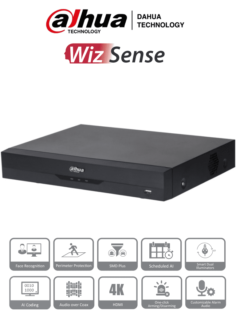 DAHUA XVR5116H-4KL-I3 - DVR de 16 Canales 4k/ 8 Megapixeles/ WizSense/ IA/ H.265+/ 16 Canales + 16 IP/ Hasta 32 Ch IP/ 2 Canales de Reconocimiento Facial/ SDM Plus/ Codificación con IA/ 1 Bahía de Disco Duro/ Funciones IoT & POS/ #NuevoPrecio #DMD