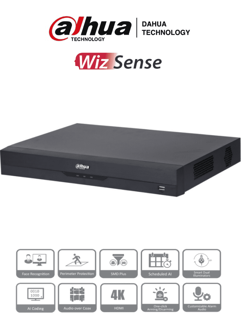 DAHUA XVR5216AN-4KL-I3 – DVR de 16 Canales 4k/ WizSense/ IA/ H.265+/ 2 Bahías de Disco Duro/ 16 Ch HDCVI + 16 IP (Hasta 32 IP)/ 2 Canales de Reconocimiento Facial/ SMD Plus/ Codificación IA/  Funciones IoT&POS/ Audio Bidireccional