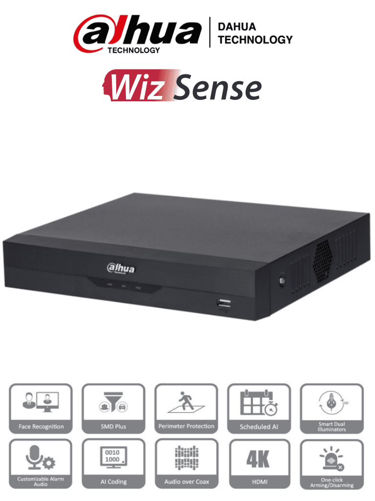 DAHUA XVR5104HS-4KL-I3 - DVR 4k de 4 Canales y 4 IP o hasta 8 IP. Equipado con WizSense, codificación H.265+, un canal para reconocimiento facial, protección perimetral y SDM Plus. Bahía SATA para HDD de hasta 10TB. Compatible con IoT y POS #HDCVI0.9