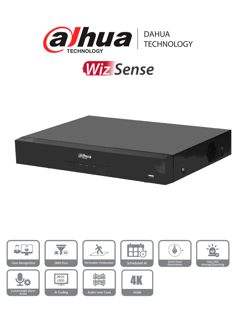 DAHUA DH-XVR5104HE-4KL-I3 – DVR de 4 canales 4K con WizSense y compresión H.265+. Admite 4 canales IP adicionales (hasta 8 en total), 1 canal de reconocimiento facial, SMD Plus, E/S de alarmas y 1 bahía para disco duro. Perfecto para seguridad avanzada.