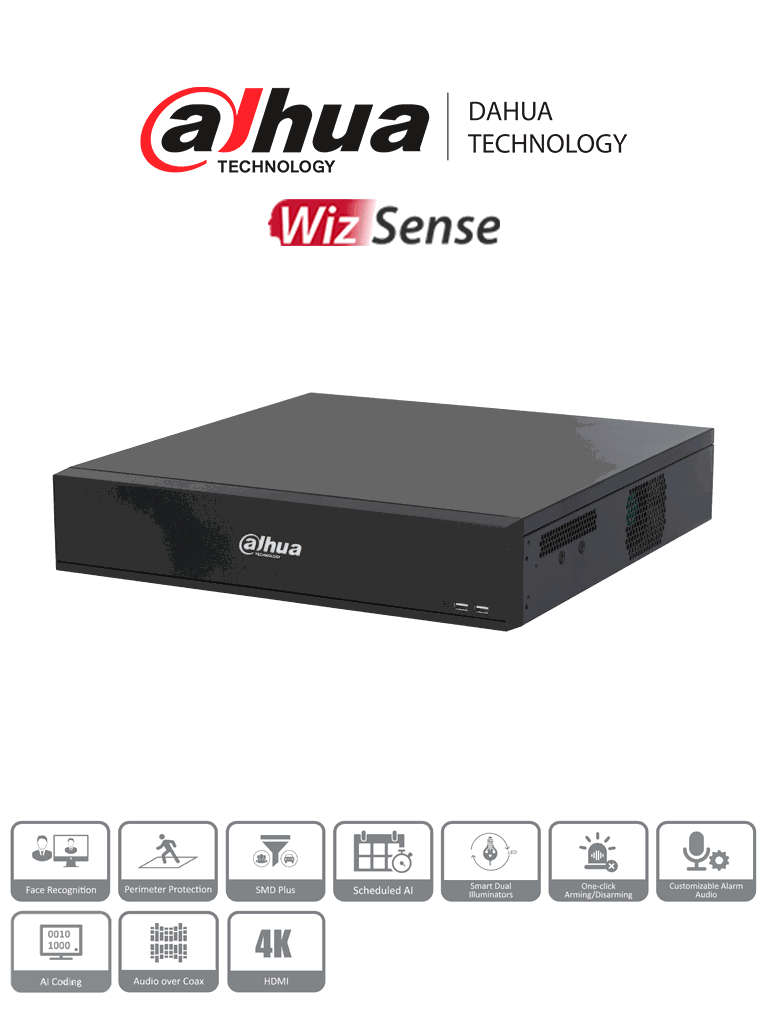 DAHUA DH-XVR7816S-4K-I3 -DVR de 16 Canales 4k/ WizSense/ H.265+/ 8 Bahías de Discos Duros/ +16 Canales IP/ 6 Canales con Reconocimiento Facial/ SMD Plus/ Codificación IA/ IoT & POS/ #XVRPRO/