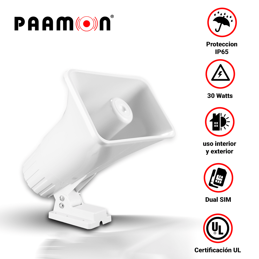 SIRENA 30WATTS PAAMON PAM-SRE30W DOBLE TONO/ ALAMBRICA / COLOR BLANCO/ PROTECCIÓN IP65 / USO EN INTERIOR Y EXTERIOR/ NIVEL DE SONIDO 118/-2dB / COMPATIBLE CON TODOS LOS SISTEMAS DE ALARMA SIN CAJA INDIVIDUAL