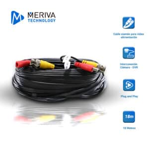 CABLE DE VIDEO HD ARMADO MERIVA MVA-HDCB18 18MTS NEGRO CON CONECTORES DE VIDEO BNC Y CORRIENTE OPTIMIZADO PARA AHD/HDTVI/HDCVI