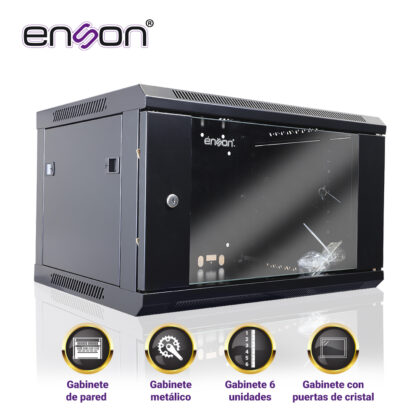 GABINETE DE PARED ENSON ENS-RKGB6U 6UR PUERTA FRONTAL DE CRISTAL TEMPLADO CON CERRADURA DE SEGURIDAD RANURAS DE VENTILACION EN LA PARTE SUPERIOR PARA 2 VENTILADORES DE 11 CM ENSAMBLADO 600X450X368MM