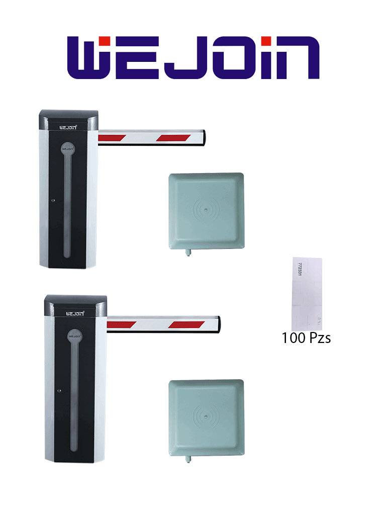 WEJOIN WJCB120 Paquete para Solución de Acceso Vehicular Incluye: 2 Barreras Vehiculares de 4M, 2 Lectoras UHF de 6M y 100 Tags Adheribles