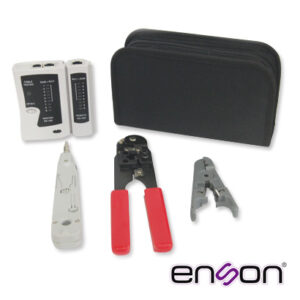 KIT COMPLETO ENSON ENS-KTCB PINZAS+TESTER, INCLUYE: -PROBADOR DE CABLEADO -PINZA CRIMPEADORA RJ45 -PINZA PELADORA UTP/STP - + MALETIN TRANSPORTADOR -HERRAMIENTA PUNCH DOWN
