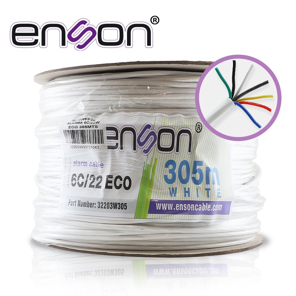 CABLE DE ALARMA ENSON 32203W305 SERIE ECO MULTIFILAR  6C/22 AWG BOBINA DE 305 METROS FORRO PVC COLOR BLANCO PARA USO INTERIOR DISEÑADO PARA CONEXIONES DE SISTEMAS DE ALARMA