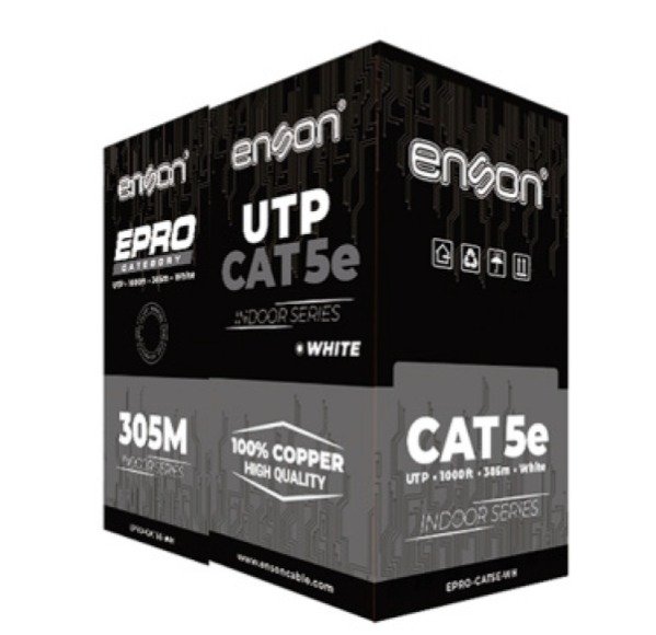 CABLE UTP CAT5E BLANCO ENSON EPRO-CAT5E-WH / FORRO PVC CM / 4 PARES / CALIBRE 24 AWG / 100% COBRE / USO INTERIOR / BOBINA 1000 PIES / 305 METROS / CERTIFICACIÓN UL