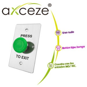 BOTON LIBERADOR AXCEZE AX-B130 TIPO PUSH CON FORMA DE HONGO EN COLOR VERDE FABRICADO EN ACERO MEDIDAS 115 X 70 X 45MM CONEXION A 2 HILOS  CUENTA CON LOS ESTADOS N.O. Y N.C.