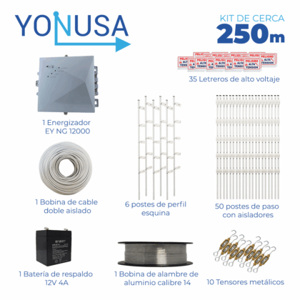 KIT DE CERCA ELECTRIFICADA CON ACCESORIOS PARA 250METROS INCLUYE:
ENERGIZADOR, BATERIA ENS-BT412, CABLE, ALAMBRE, POSTES, LETREROS Y TENSORES