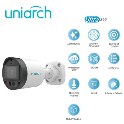CAMARA ANALOGICA LIGHTHUNTER BULLET UNIARCH UAC-B122-AF28LM / UAC-B122-AF28LM-H / 2MP / AHD/TVI/CVI/CVBS / LENTE FIJO 2.8MM / 12VCD / IP67 / IR 20M / DWDR / MENU OSD / MICROFONO INTEGRADO / DEFOG / INTERIOR / EXTERIOR / METAL PLASTICA