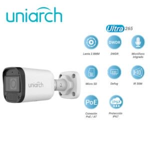 CAMARA IP BULLET UNIARCH IPC-B122-APF28K / 2MP / LENTE-2.8MM / DWDR / IR30M / MICROSD128GB / MICROFONO-INTEGRADO / DIGITAL-DEFOG / MOTION-DETECTION / ONVIF / IP67 / 3-AXIS / ULTRA265 / POE-AF / 12 VCD