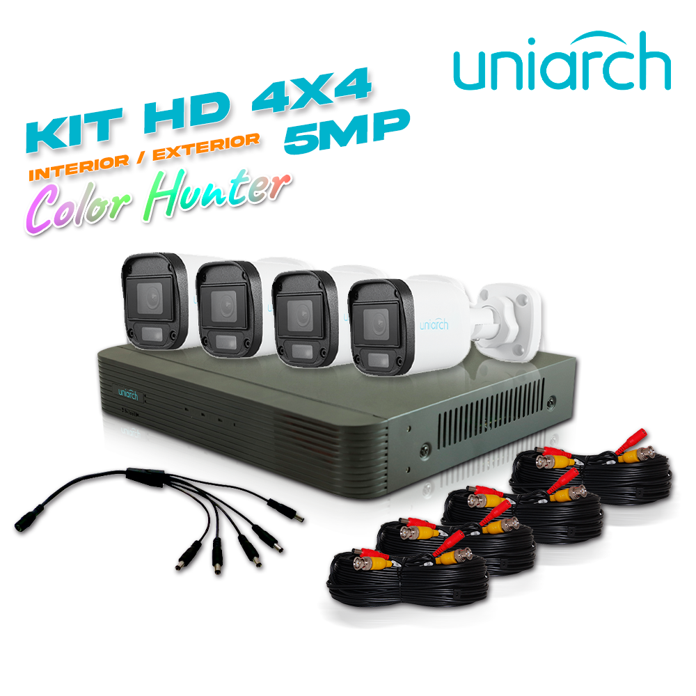 KIT SIN CAJA UNIARCH 4X4, 5 MEGAPIXELES ANALOGICO 4 CÁMARAS COLOR HUNTER BULLET INTERIOR / EXTERIOR / LENTE FIJO 2.8MM / 12VDC / IP67 / 20M IR / DWDR / METAL PLASTICA / MENU OSD / DEFOG, 1 DVR PENTAHIBRIDO UNIARCH XVR-104G3, 4 CAMARAS UAC-B115-F28-W, 4 CABLES PREPONCHADOS DE 18 MTS Y UN PULPO DE 5 SALIDAS