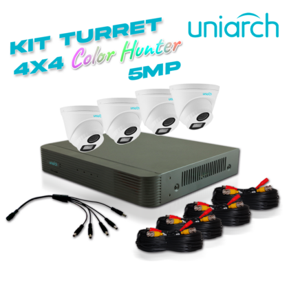 KIT SIN CAJA UNIARCH 4X4, 5 MEGAPIXELES 4 CÁMARAS ANALÓGICAS TURRET INTERIOR / EXTERIOR 5MP / LENTE FIJO 2.8MM / 12VDC / IP67 / 20M IR / DWDR / PLASTICA / TECNOLOGIA COLORHUNTER VIDEO A COLOR 24/7, 1 DVR PENTAHIBRIDO UNIARCH XVR-104G3, 4 CAMARAS UAC-T115-F28-W COLORHUNTER, 4 CABLES PREPONCHADOS DE 18 MTS Y UN PULPO DE 5 SALIDAS
