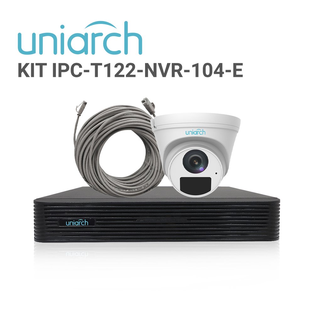 KIT UNIARCH TURRET 2MP / 4 CÁMARAS TIPO TURRET IPC-T122-APF28-E CON LENTE FIJO 2.8 MM / ULTRA 265 / 3-AXIS / DWDR / 2D/3D DNR / MICROFONO INTEGRADO/ IR 30 M / IP67 / 1 NVR-104E2-P4 Y 4 CABLES PREARMADOS