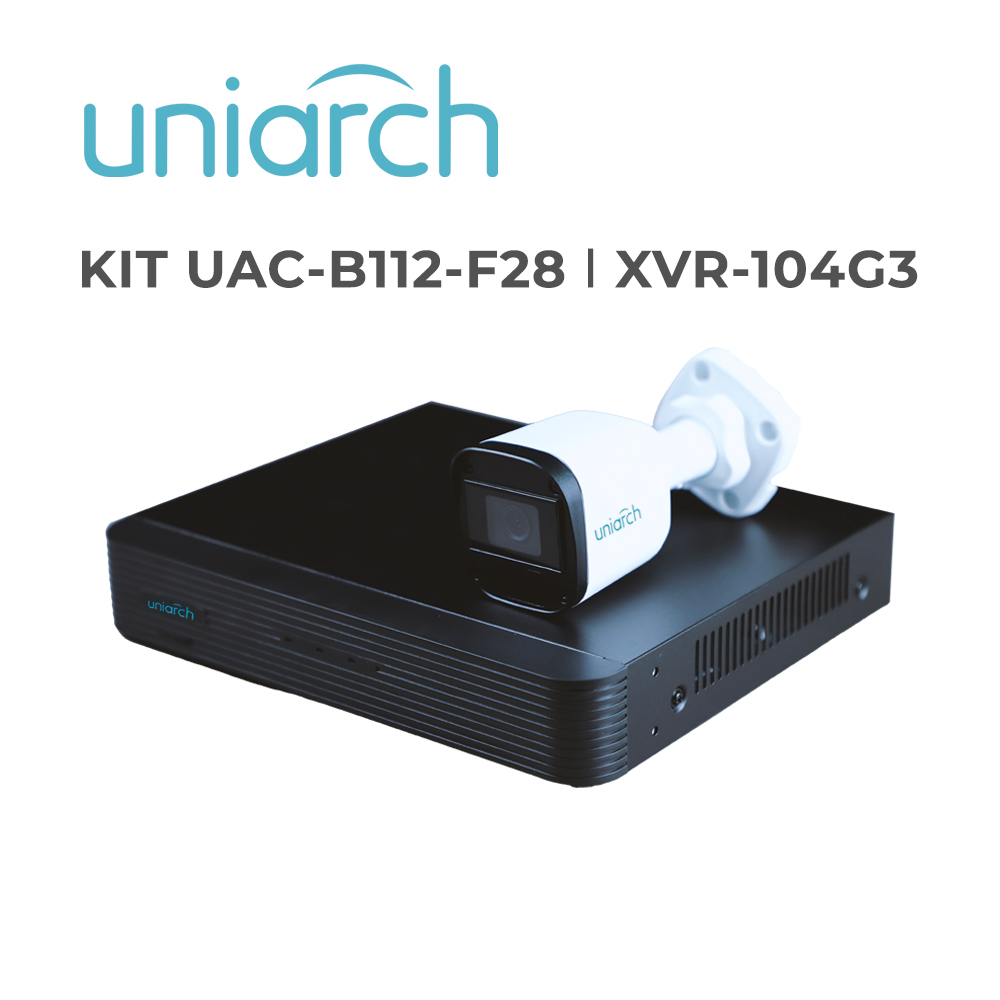 KIT ANALÓGICO UNIARCH / KIT-UAC-B112-F28 / 4 CÁMARAS BULLET ANALÓGICAS UAC-B112-F28 / 2MP / LENTE FIJO 2.8 MM/ IP 67/ IR 20M / INTERIOR / EXTERIOR / 1 DVR PENTAHIBRIDO UNV XVR-104G3 / 4 CABLES DE VIDEO HD Y UN PULPO DE 5 SALIDAS